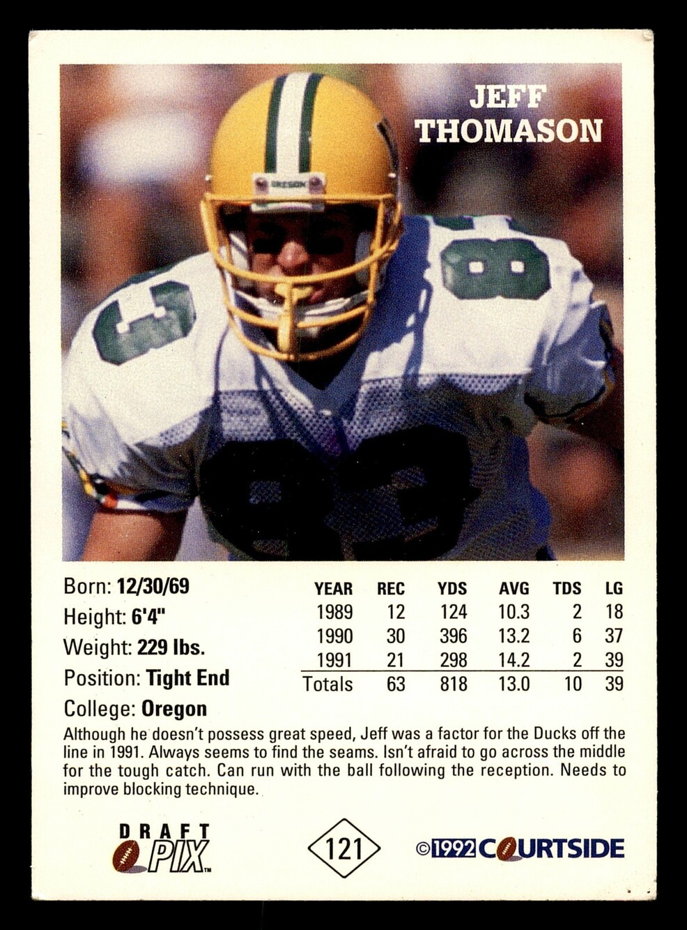 1992 Courtside Draft Pix #121 Jeff Thomason Football Card - Picture 2 of 2